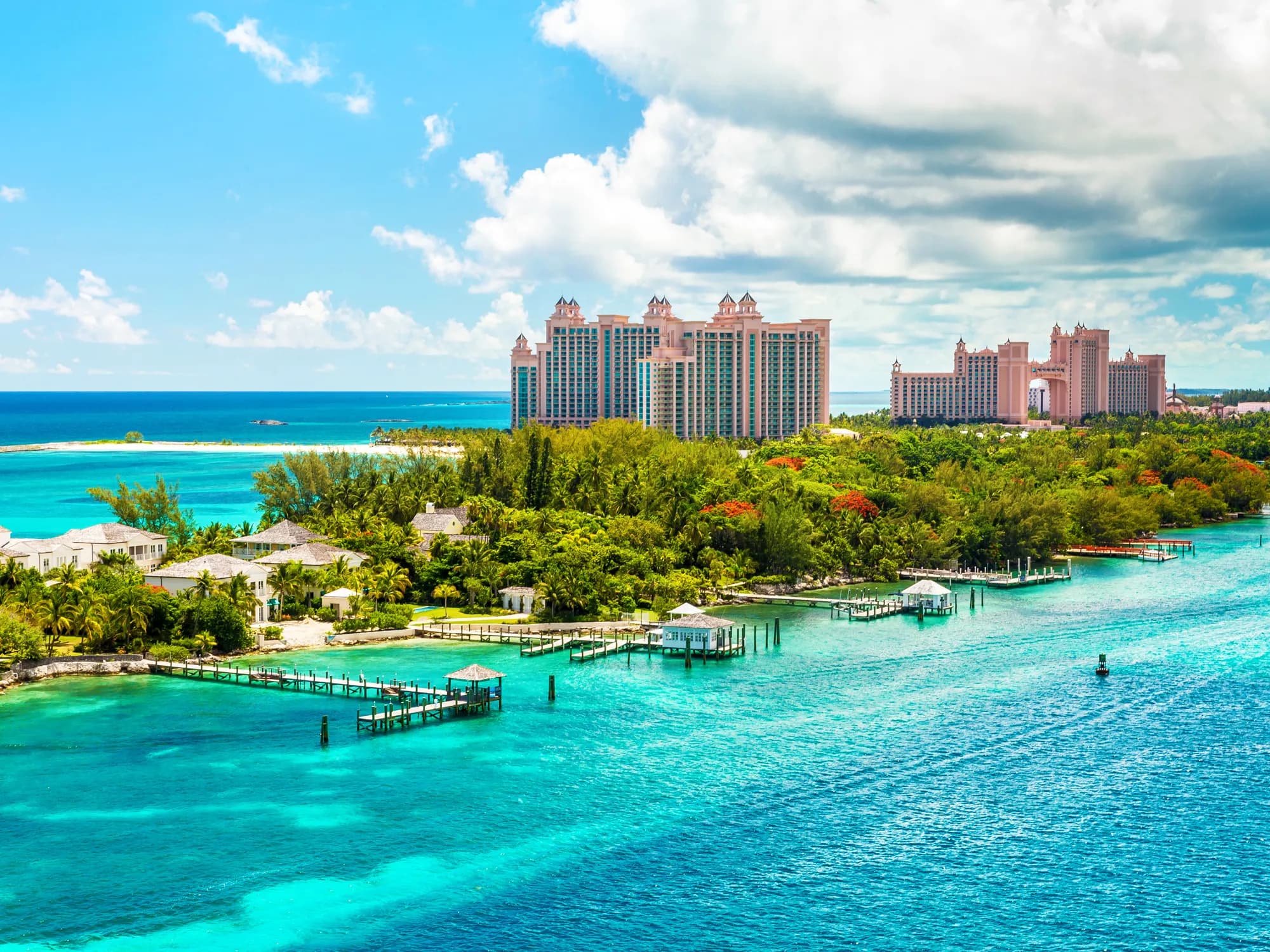Atlantis resort on Paradise Island over the turquoise water of The Bahamas