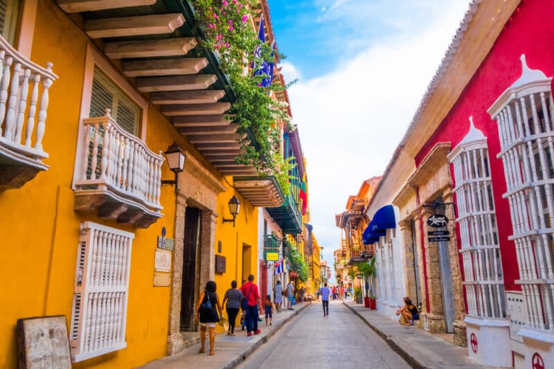 Colourful colonial street in Cartagena's walled city