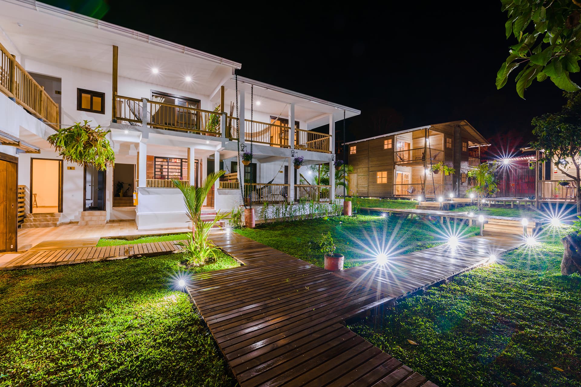 Illuminated finca accommodation at night in Colombia's Coffee Region