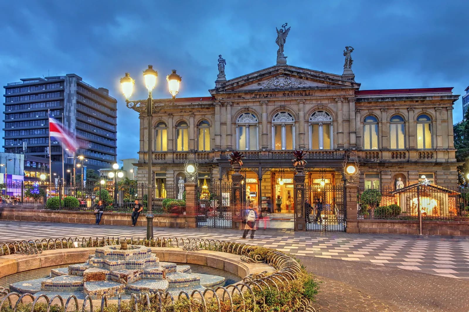 Teatro Nacional in San José lit at dusk — the cultural heart of Costa Rica's capital