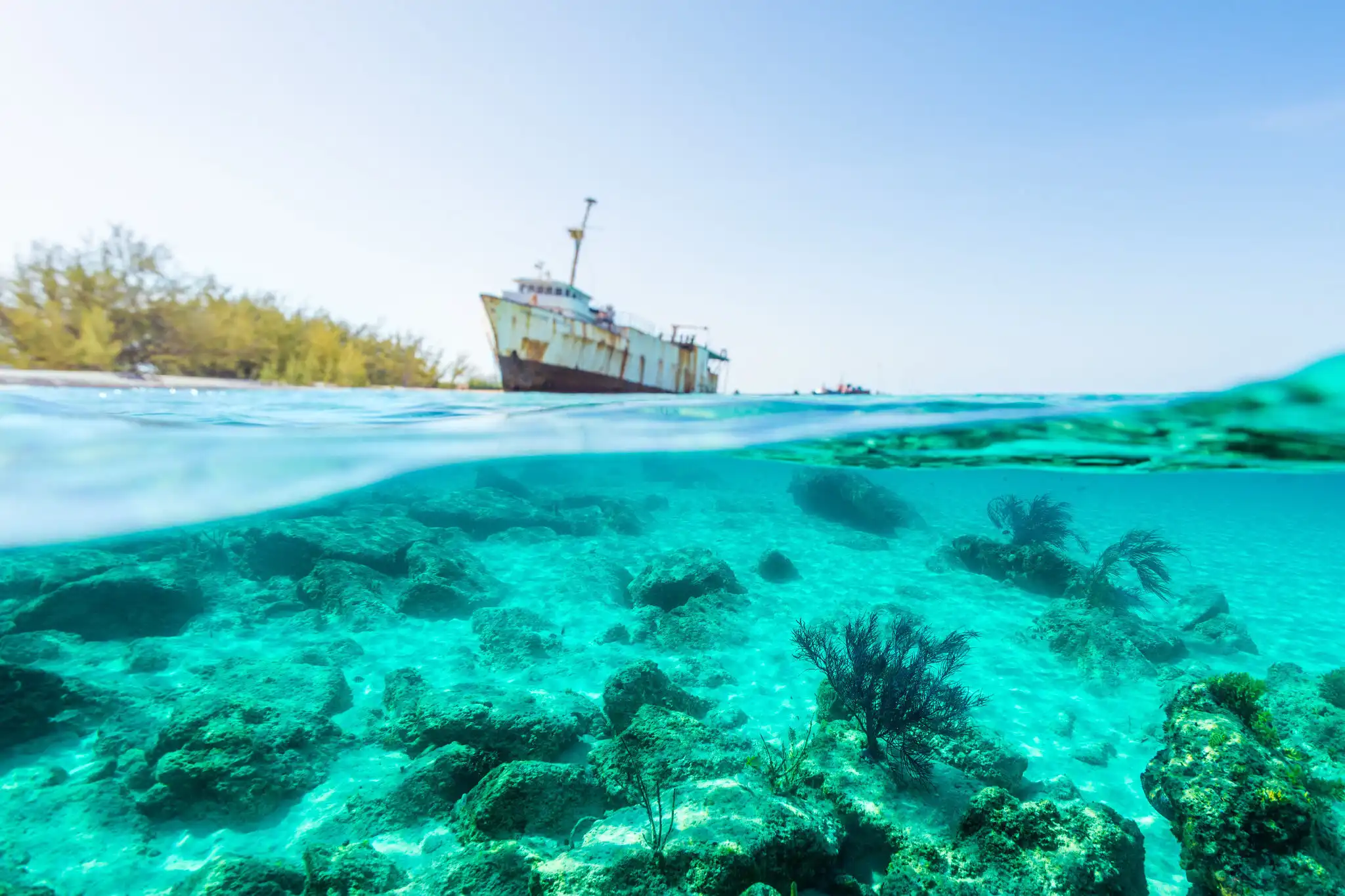Clear shallow water and reef off Governor's Beach in Grand Turk on a calm day, with a wrecked freighter resting near the treelined shore