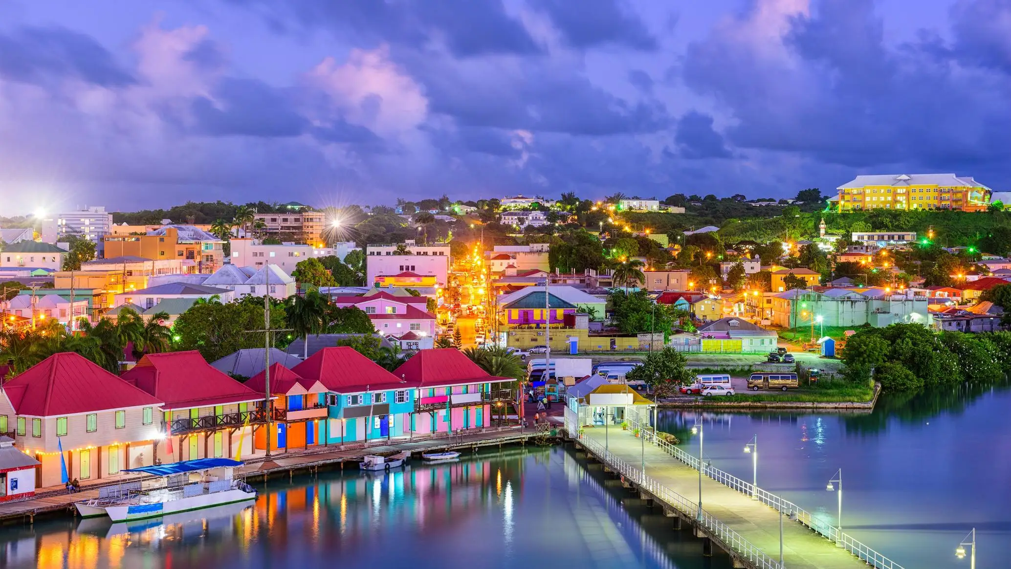 Colorful St. John's waterfront at dusk in Antigua