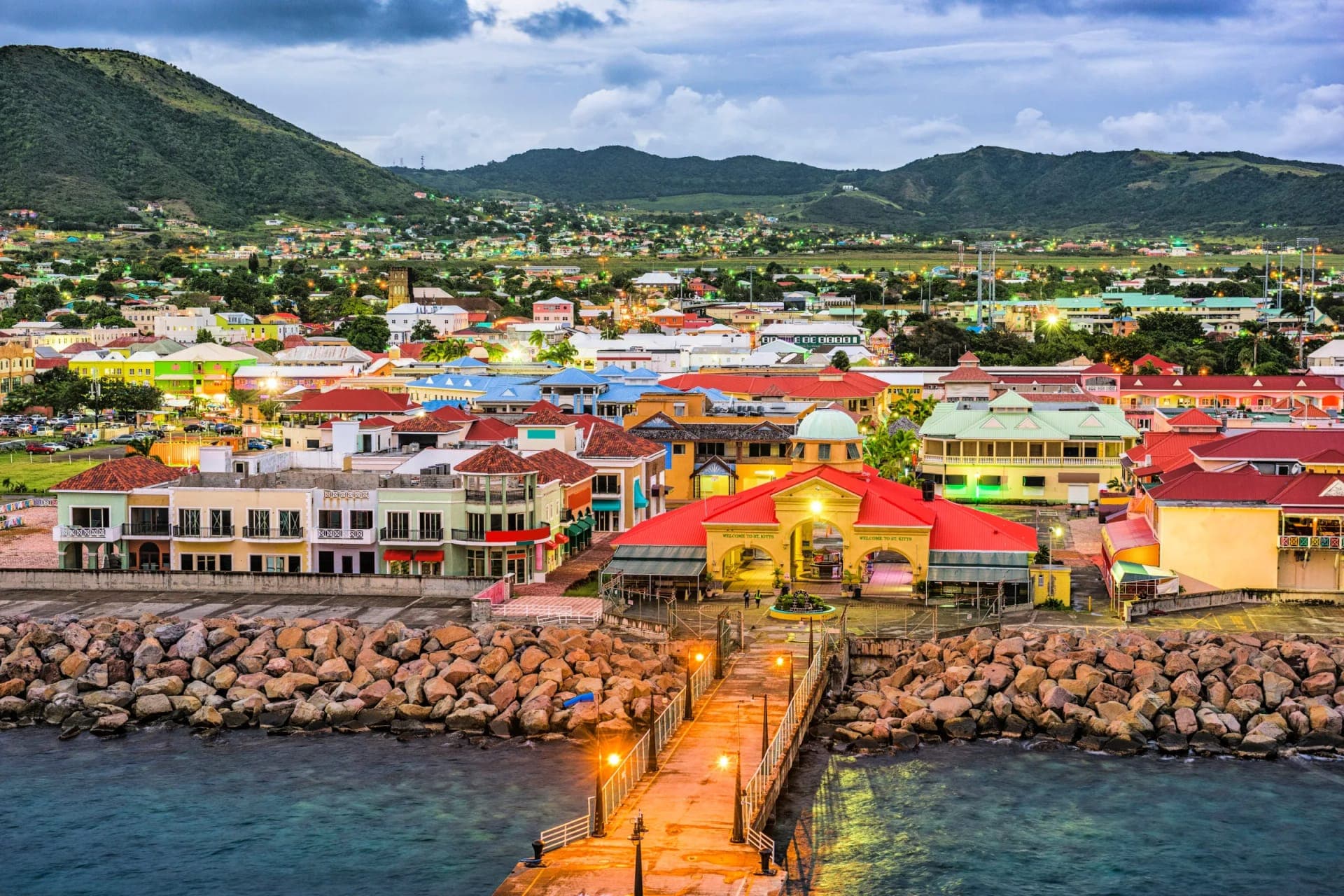 Basseterre and Port Zante waterfront framed by the green mountains of St. Kitts