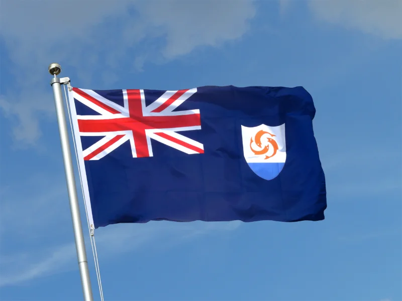 Flag of Anguilla, a white field with the Union Jack and the island's dolphin coat of arms