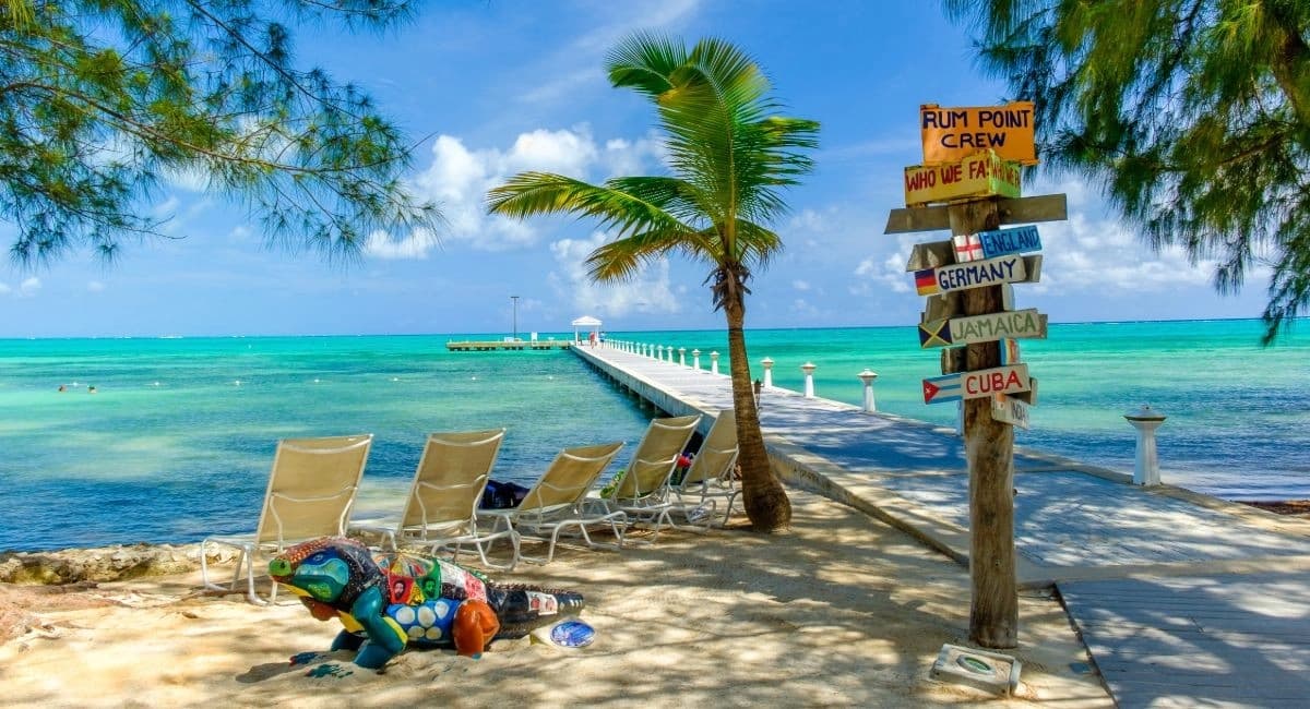 Palm trees and calm shallow water at Rum Point on the north side of Grand Cayman
