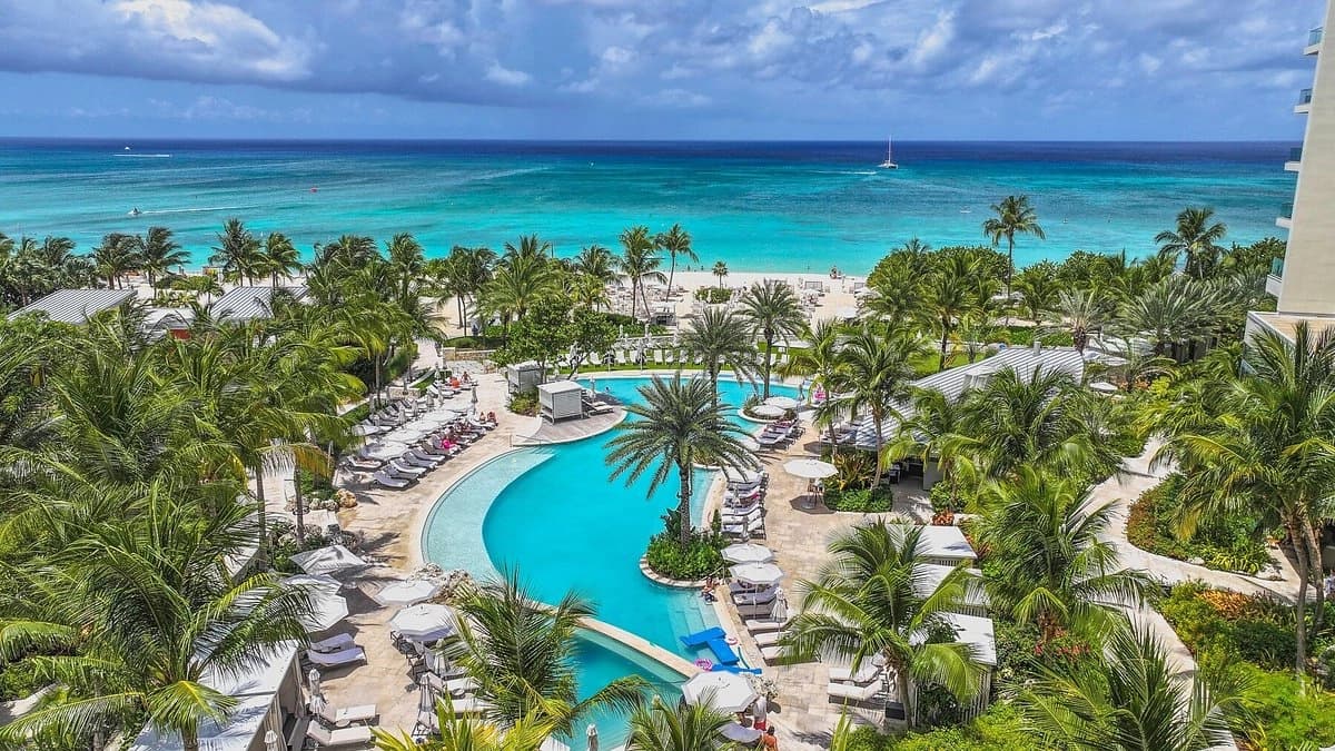 Beachfront resorts and pools along Seven Mile Beach, Grand Cayman