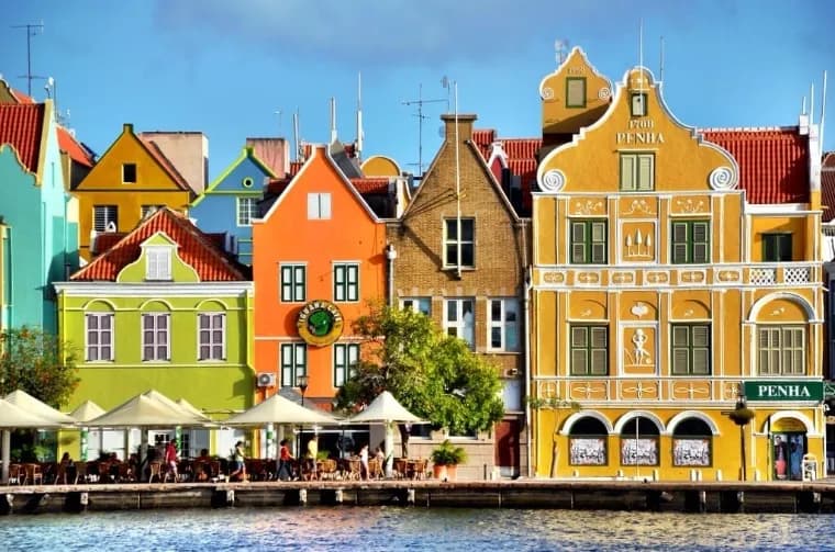 Pastel Dutch-colonial gables along St Anna Bay in Willemstad, Curaçao