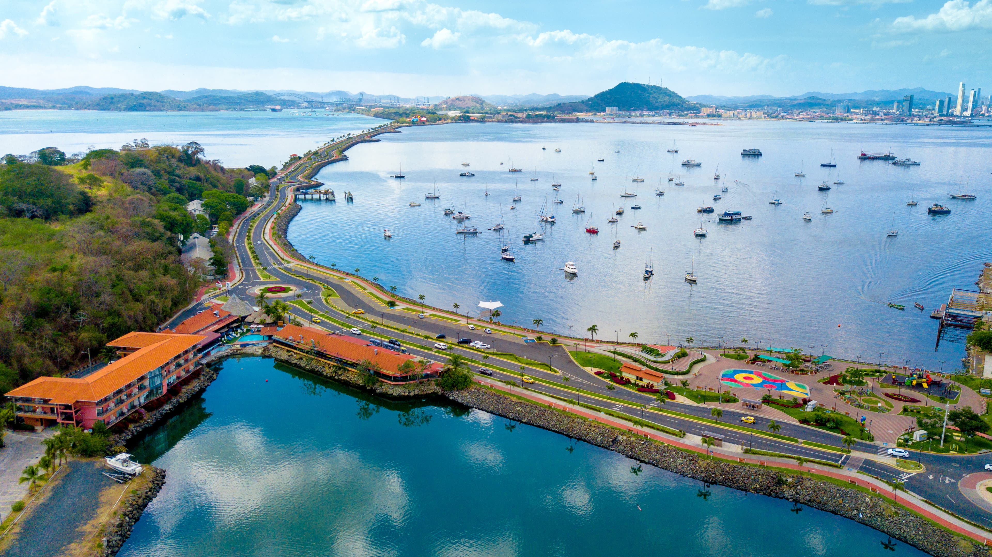 Panama City skyline and the Amador Causeway over the bay