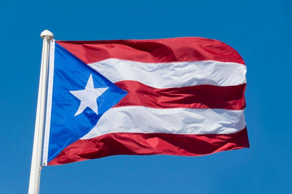 The flag of Puerto Rico: five red and white stripes with a blue triangle and a single white star