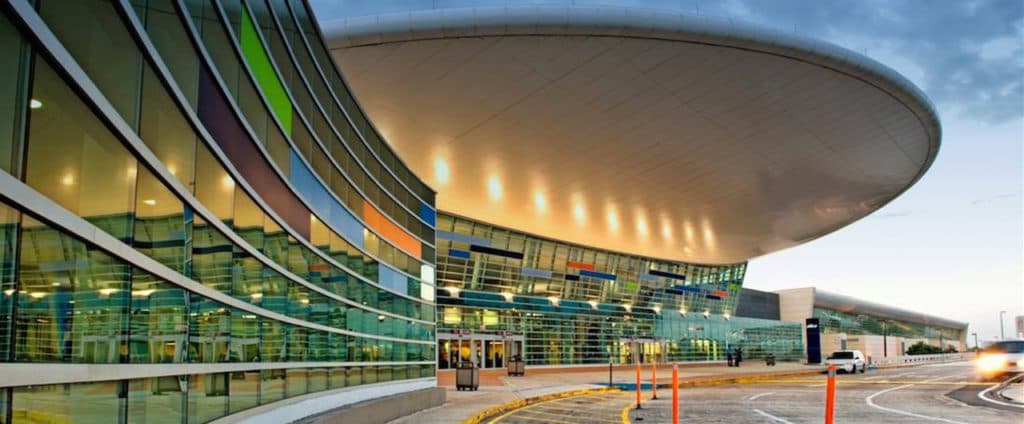 The modern terminal facade of Luis Muñoz Marín International Airport, San Juan, Puerto Rico