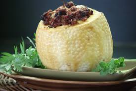 Stuffed roast breadfruit, a traditional Kittitian Sunday dish