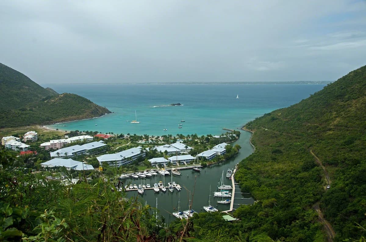 Anse Marcel bay and marina viewed from above in French Saint-Martin