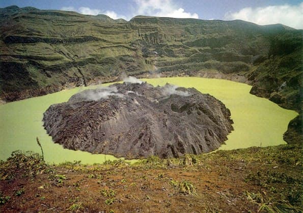 La Soufriere volcano crater with sulphurous green lake, St Vincent