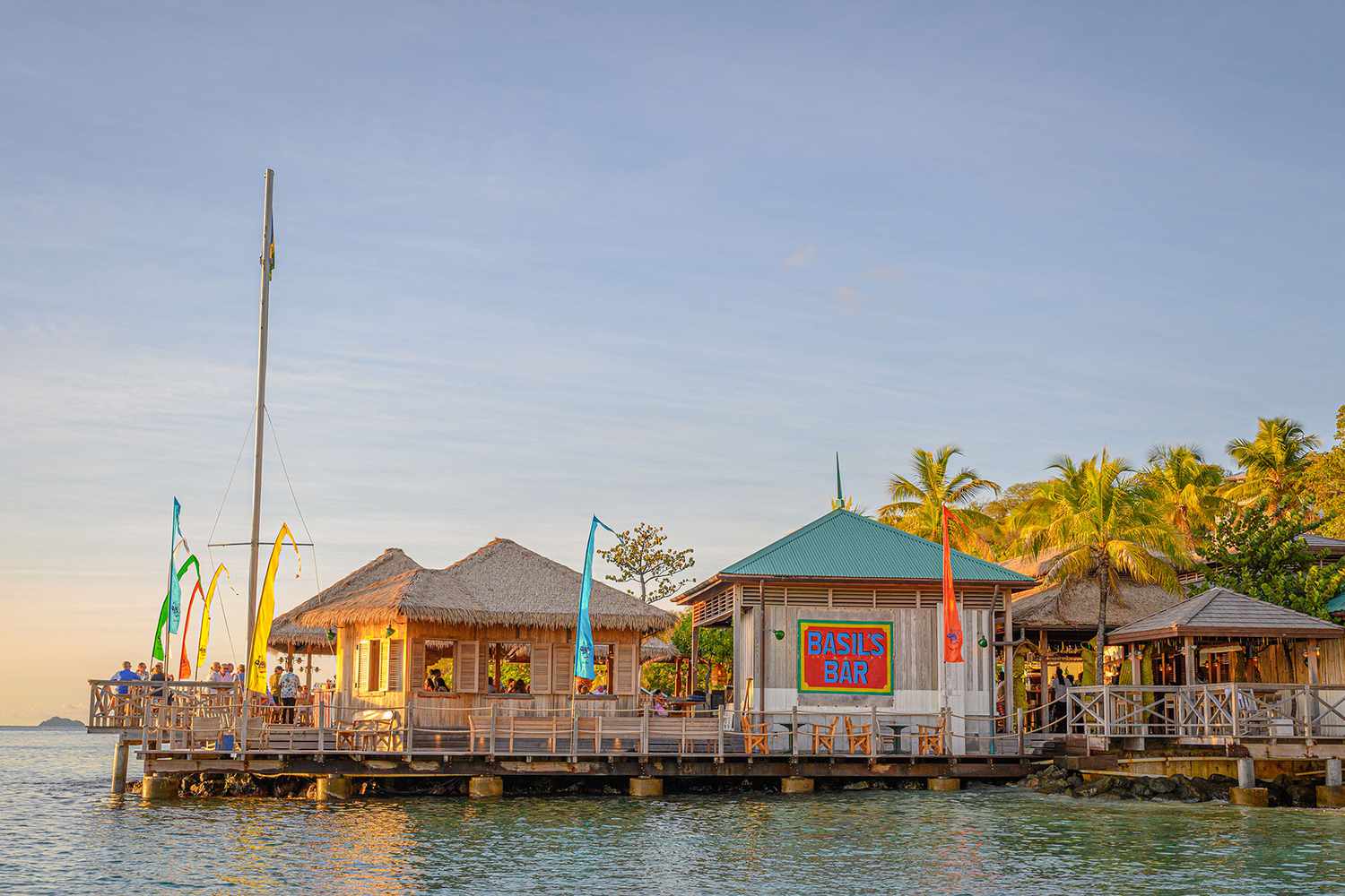 Basil's Bar on the waterfront at Mustique, Grenadines, at golden hour