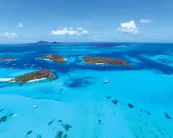 Aerial view of the Tobago Cays Marine Park, turquoise water and uninhabited cays