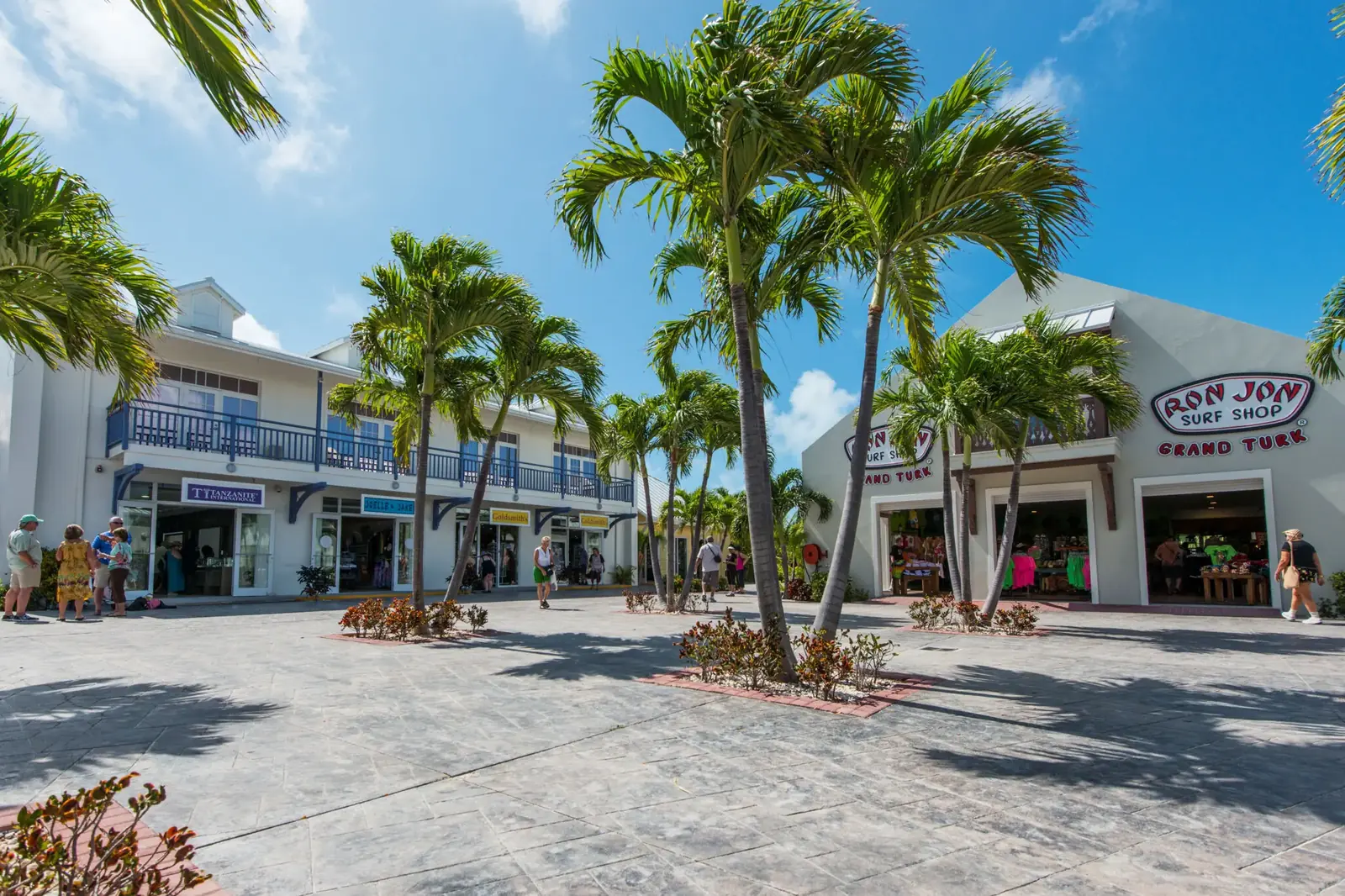 Palm-lined shopping plaza inside the Grand Turk Cruise Center