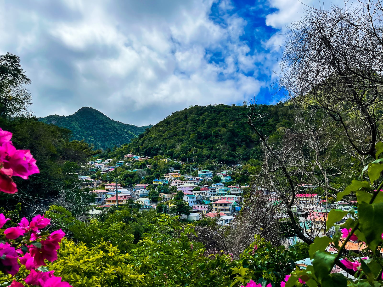 Soufrière village nestled in lush volcanic mountains with pink bougainvillea in the foreground