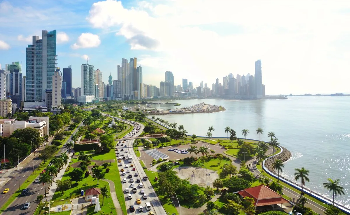 Panama City skyline at dusk over the Pacific, with the Casco Viejo quarter in the foreground