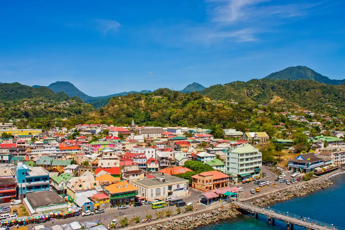 Roseau waterfront and rainforest mountains, Dominica