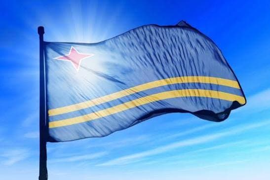 Flag of Aruba, light-blue field, two yellow stripes and a red four-pointed star
