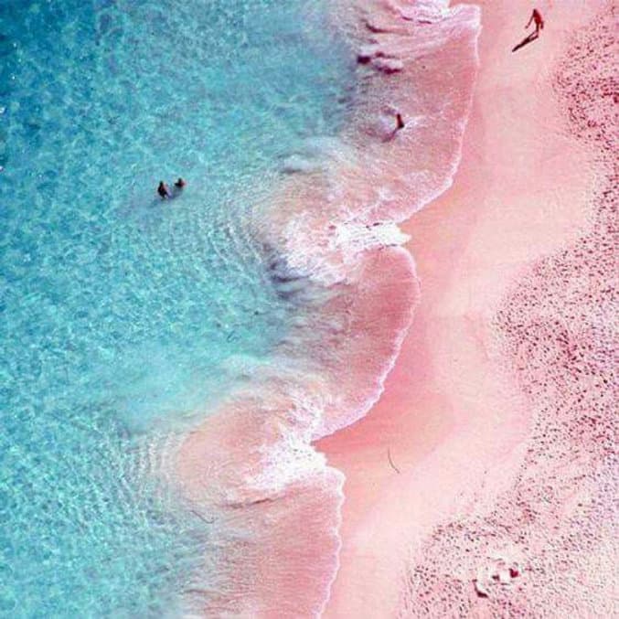 A stretch of faint blush-pink sand beach lapped by calm turquoise water on Harbour Island, Bahamas