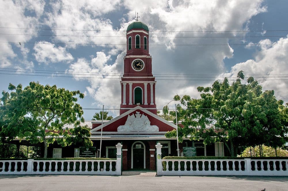 The historic red brick clock tower at the Garrison Savannah in Bridgetown, Barbados, a UNESCO World Heritage Site