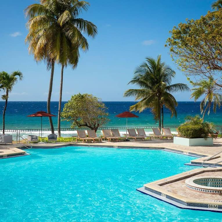 Resort pool and coastline on St. Croix