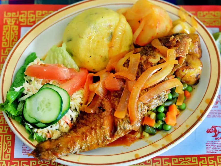 Traditional Crucian plate of fried fish, fungi and vegetables