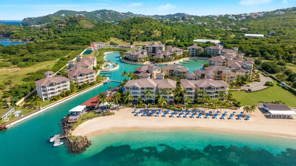Aerial view of a beachfront resort and marina at Rodney Bay, Gros Islet, northern Saint Lucia