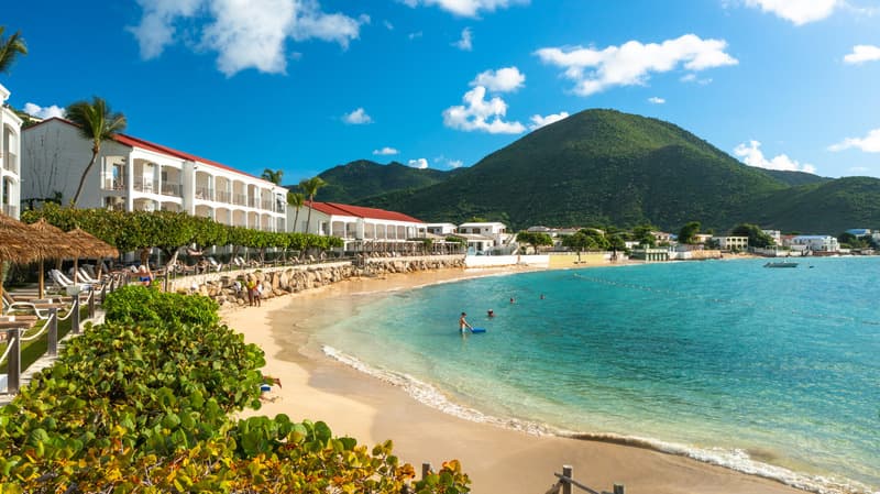 Beach restaurants lining the bay at Grand Case on the French side