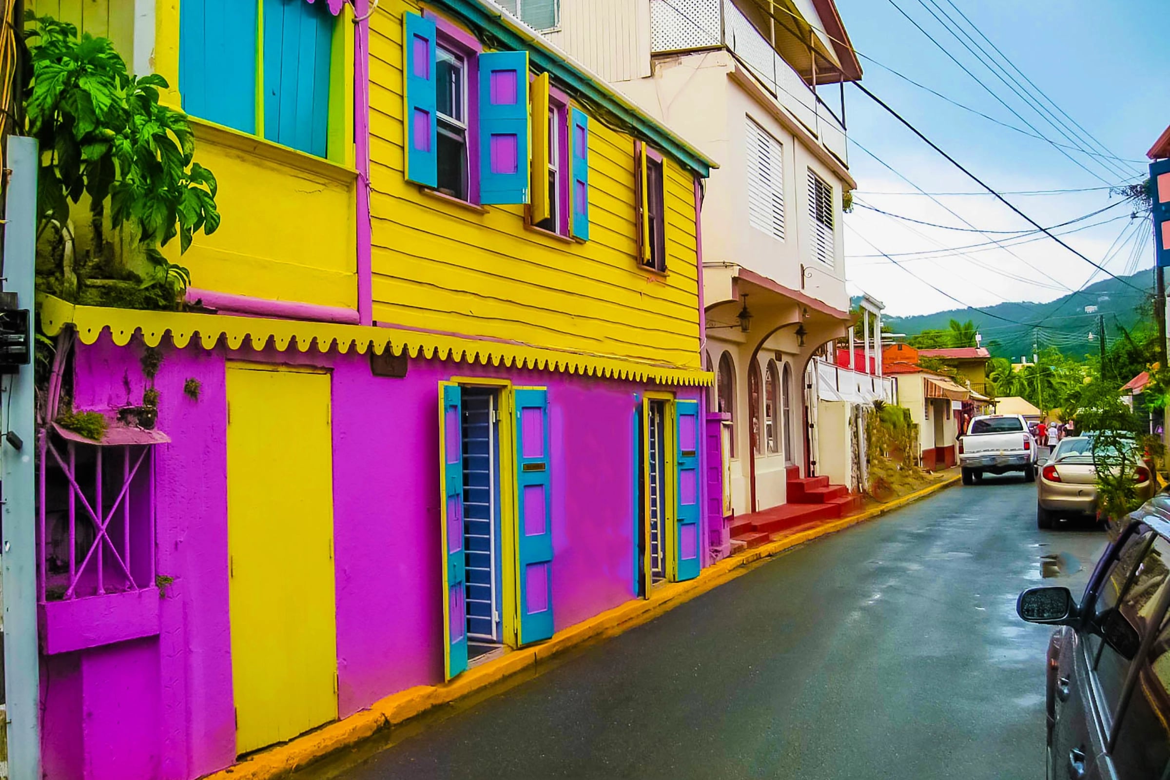Colourful pastel Caribbean buildings on a street in Road Town, Tortola, British Virgin Islands