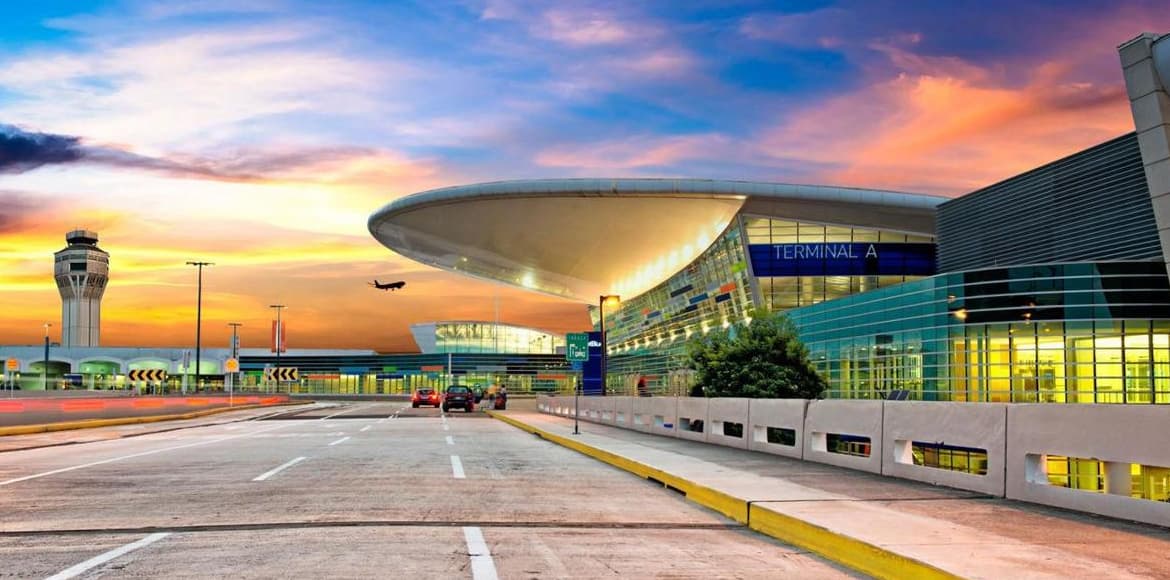 Terminal A at Luis Muñoz Marín International Airport, San Juan, Puerto Rico, at sunset